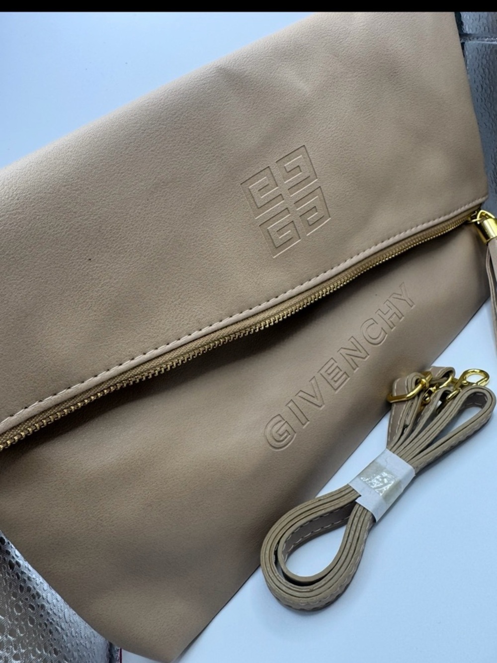 GWP-Givenchy Taupe Fold-Over Crossbody Bag with Gold Hardware